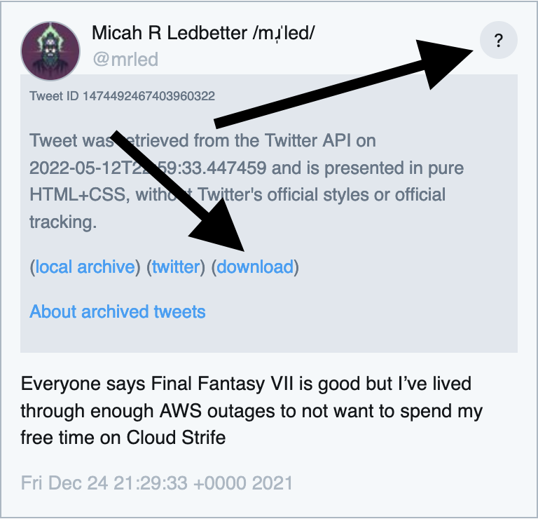 A screenshot showing how to download the HTML of a tweet