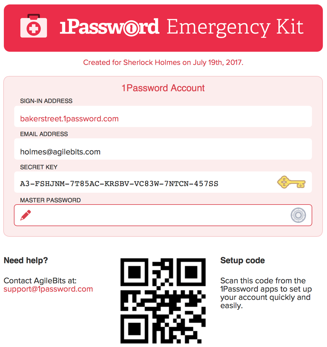 1Password emergency kit sample