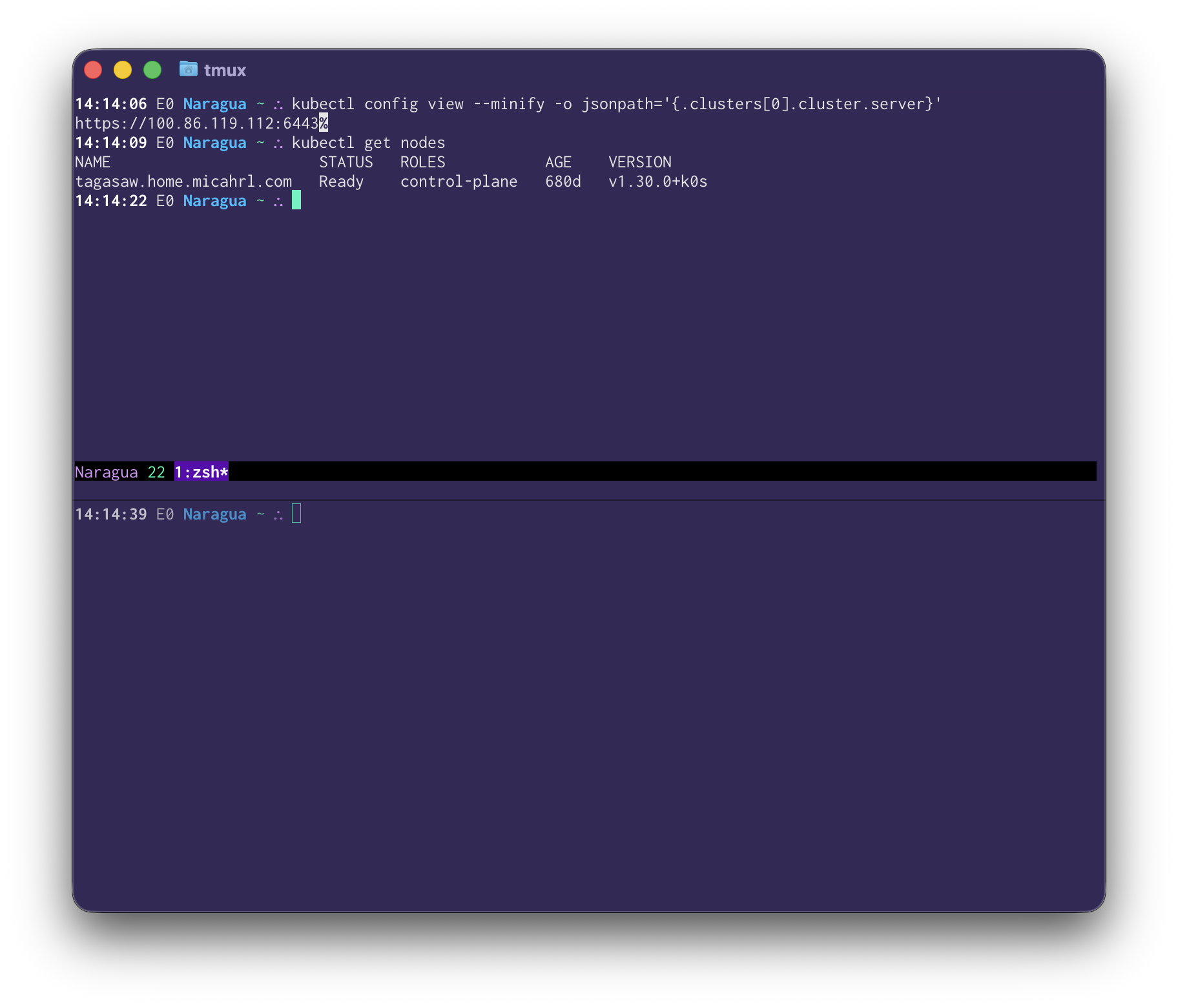 Screenshot of the same terminal as before, but with the kubernetes API endpoint set to https://100.86.119.112:6443, and a successful result from kubectl in the tmux pane