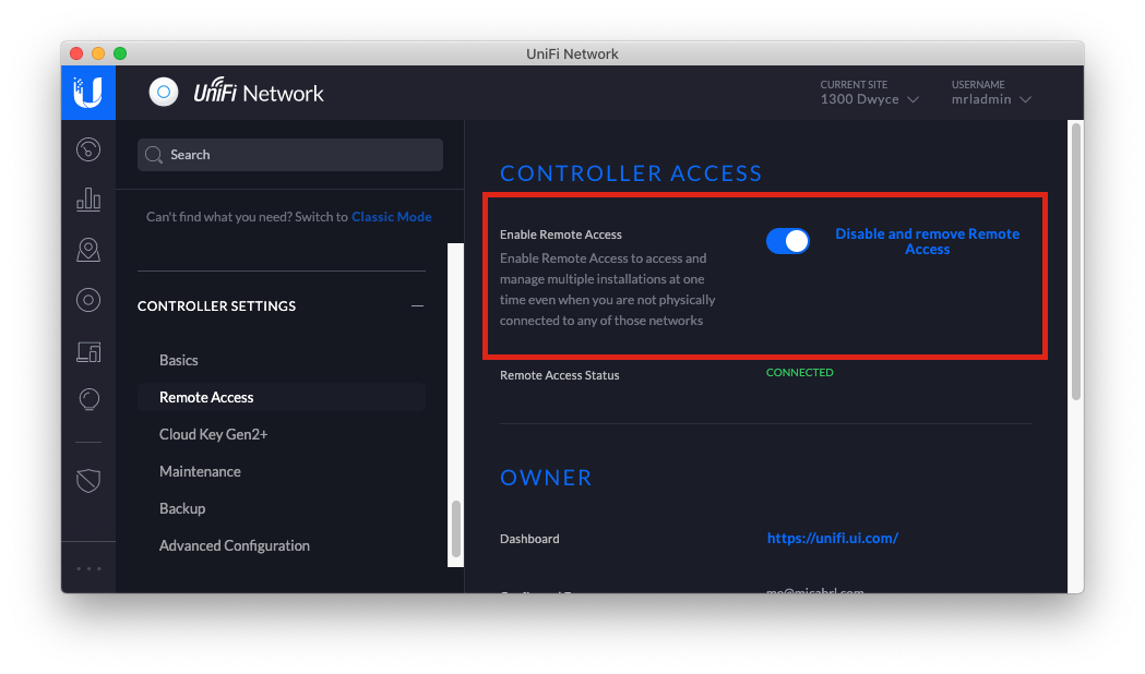 Screenshot of enabling remote access in the UniFi Cloud Key