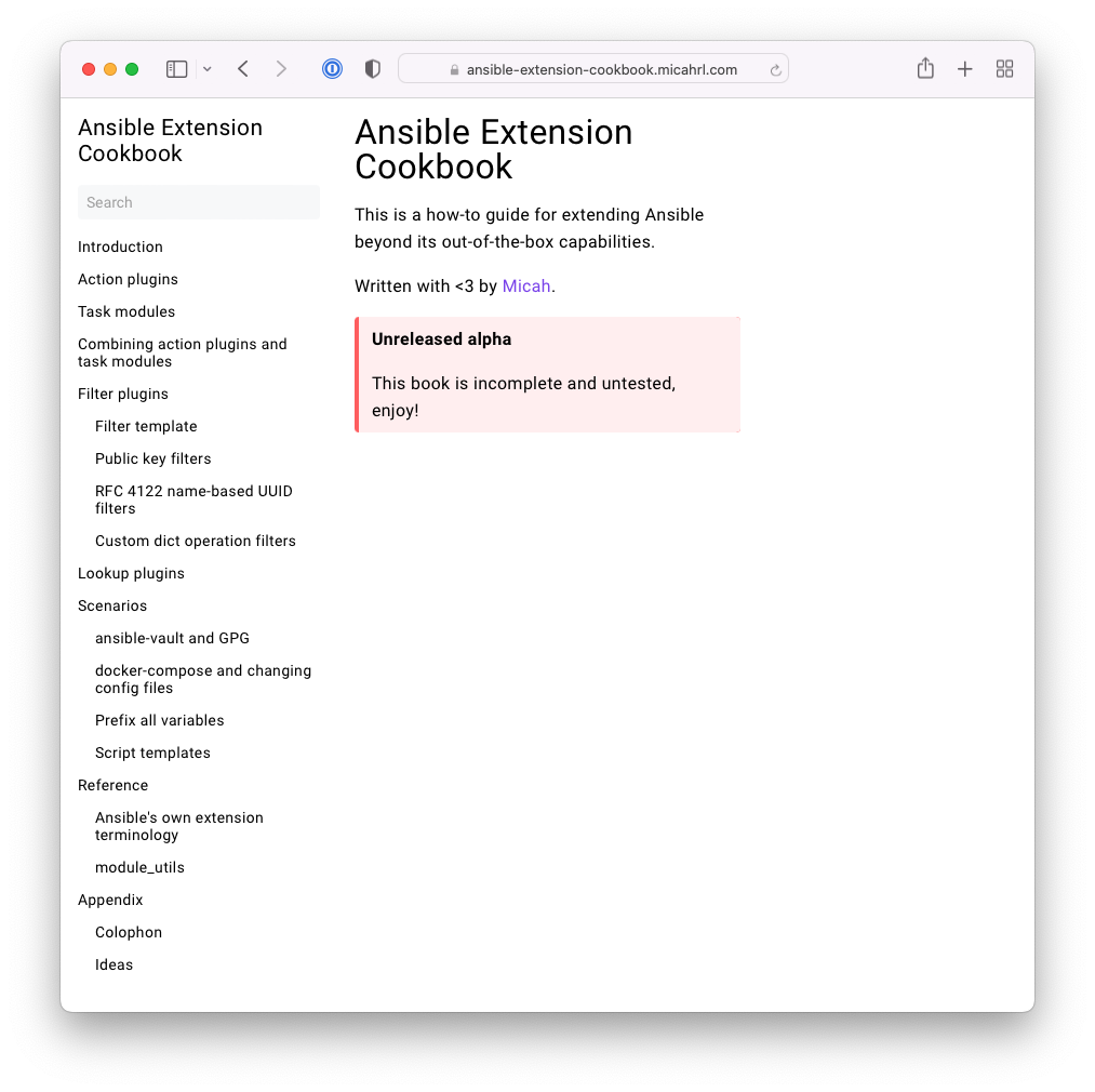 A screenshot of ansible-extension-cookbook.micahrl.com