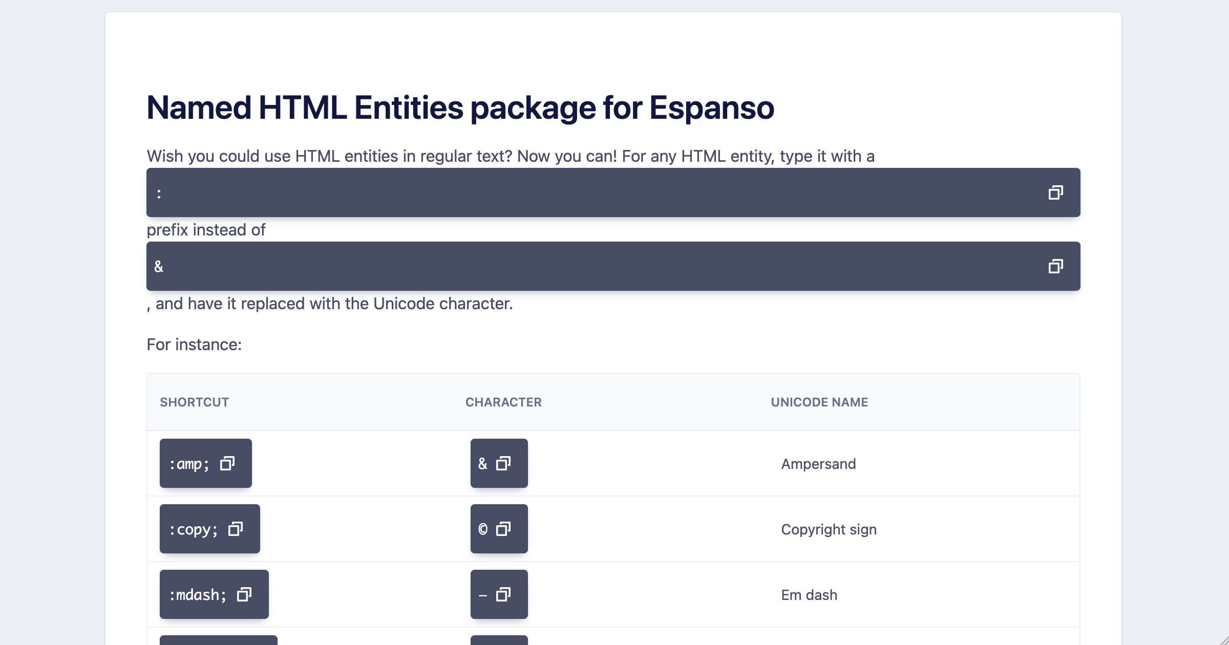 Screenshot for Named HTML Entities for Espanso